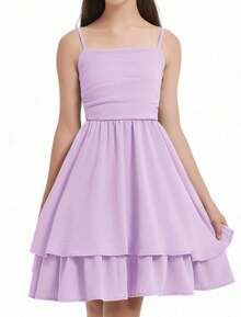 EXARUS Girls Flowy Ruffled Hem/Puff Bubble Dress Teen Ruched Summer Adjustable Spaghetti Strap Casual Cami Mini Dresses - Tím hoa oải hương - Xem 2