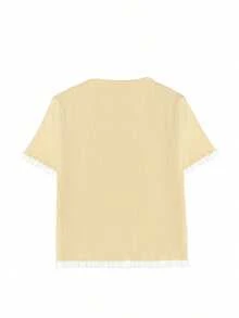 女士夏季纽扣耳饰米色针织上衣，优雅休闲短袖针织衫，适合约会和日常穿着 - 杏色 - 查看 7