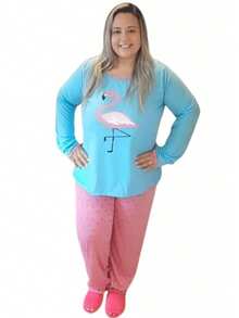 Women's Long Plus Size Cold Pajamas (G1-50/G2-52/G3-54) Printed On Quality Knit - 藍色 - 查看 2