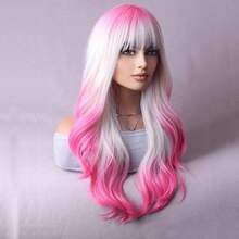 MHot Pink Blonde Ombre Wigs Women Girls Dark Pink White Ombre Wig With Bang Two Tones Colorful Wig Halloween Cosplay Costume Party8001 - 金髮粉紅 - 查看 3