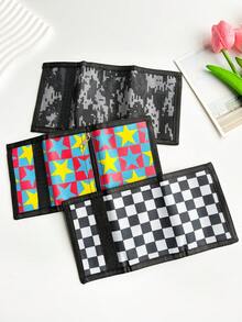 3 Fold Wallet, Cartoon Camo Print, Plaid Mosaic Style, Durable Polyester Material With Zipper Pocket & Key Ring, Suitable For Daily Coin Purse - Multicolor - View 5
