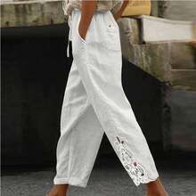 Women's Casual Drawstring Pants Straight Lace Splicing Hollow Fashion Belt Pocket White - 白色 - 查看 2