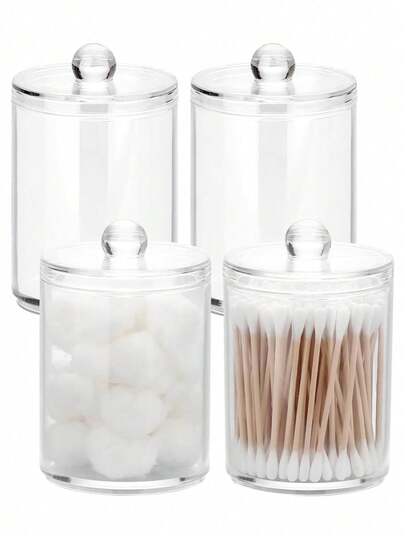 1/2/4pcs QTIP Stand With Plastic Lid, 10 Oz Clear Pharmacist Jar, Bathroom Organizer, Make-Up Round Pads, Swabs, Floss Pickup Storage Container