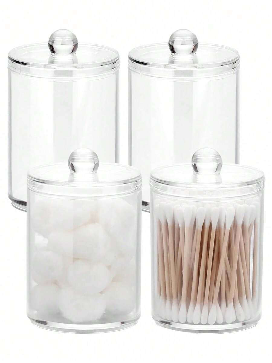 1/2/3/4/6pcs QTIP Stand With Plastic Lid, 10 Oz Clear Pharmacist Jar, Bathroom Organizer, Make-Up Round Pads, Swabs, Floss Pickup Storage Container