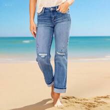 Women's Mid Rise Distressed Roll Cuff Jeans, Crafted From Premium Stretch Denim Fabric, Boasting Multiple Ripped Details, Classic Five - Pocket Design, And A Comfortable, Laid - Back Look