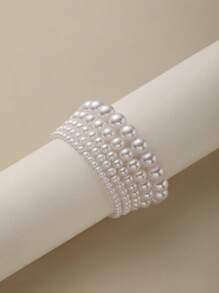 5pcs/Set Elegant French Style Faux Pearl Beaded Layered Bracelet Set, Suitable For Women's Daily, Party, And Formal Occasions