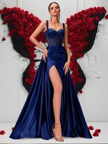 Elisanya 闪亮细肩带镂空高腰长喇叭开衩露背系带连衣裙，适合舞会、派对 - 藏蓝色 - 查看 1