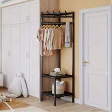 1 件 2/3 层独立式衣帽架，节省空间的挂钩和搁板设计，易于组装，适用于入口、卧室、壁橱、阳台，黑白简约风格，2 种颜色可选，坚固耐用，加固材料，易于移动，可存放衣服、裤子、毯子、包包、帽子、配饰