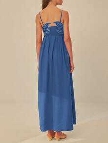 Womens Koi Fish Long Strap Dress Summer High Waist Flowy Cami Dress Spaghetti Strap V Neck Smocked Long Dress Vacation Beach Maxi Dress - 藍色 - 查看 2