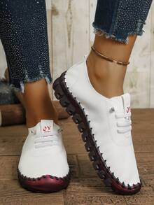 Women's Fashionable Outdoor Canvas Lace-Up Soft Bottom Leather Low Top Flat Shoes - Beige - View 4