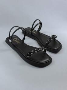 Women's Flat Sandal - Tunika 1108 || Elegant Neutral Party Holiday Elegant Basic Casual Cute Wedding Clothing Casual Party Outdoor Gorgeous  Street Cute Nightclub Style Workwear Style Fabric Gemstone Shiny Pearls Rhinestones Sequins Crystal String Women's Flat Sandal Outdoor Home Party Office Wedding School Holiday Vacation - 黑色 - 查看 2