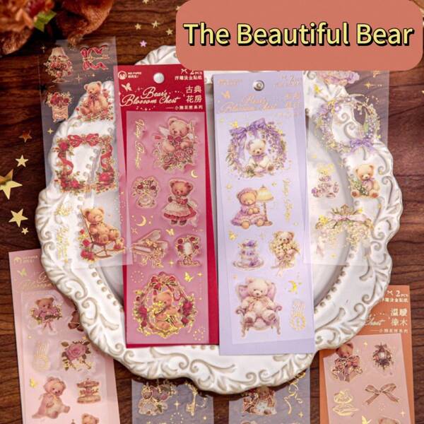 Hochwertige geprägte Goldfolie Aufkleber, Teddybär Blumen Box, Scrapbooking Materialien, Schneidematten, dekorative DIY Aufkleber