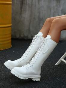 Autumn/Winter New Thick Sole Over-The-Knee Boots, Punk Lace-Up Side Zipper Fashion Women Riding Boots,White Boots - White - View 2