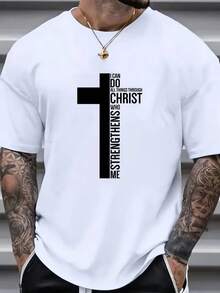 Plus Size Men's Letters Cross Graphic Print T-Shirt, Men's Clothing - trắng - Xem 1