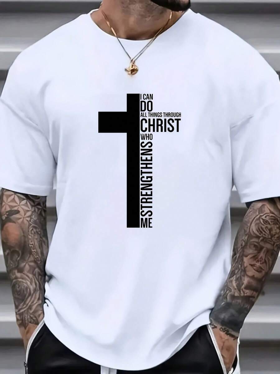 Plus Size Men's Letters Cross Graphic Print T-Shirt, Men's Clothing - trắng - Xem 1