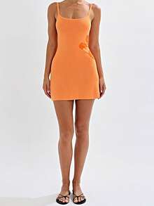 Women's Crochet Knit Floral Mini Cami Dress Sleeveless Open Back Spaghetti Strap Y2K Summer Beach Dress - 橙色-1 - 查看 2
