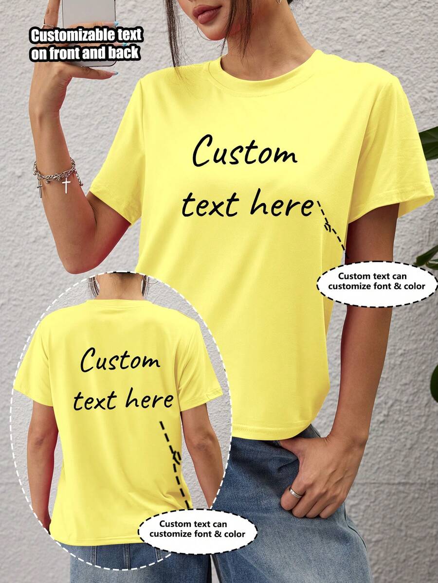 Customized Women Short Sleeve T-Shirt With Front And Back Graphic - Add Your Own Text (Color And Font Selectable), Design Your Personalized Printed Tee, Anniversary Gift, Valentine's Day Gift Summer - Yellow - View 1