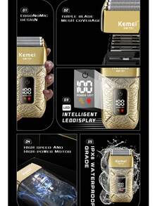 Kemei KM-T91 男士三刀头电动剃须刀，配备 1 块 1400mAh Type-C USB 可充电锂电池，带来沙龙级剃须体验，带 LED 显示屏，三刀头浮动式设计，干湿两用，USB Type-C 接口 - 彩色 - 查看 4