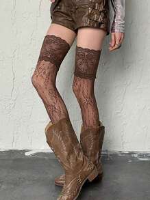 1 pereche șosete elegante peste genunchi pentru femei, culoare solidă, dantelă florală, albe, transparente, cu plasă, până la coapsă, potrivite pentru purtare zilnică, cizme și jambiere asortate