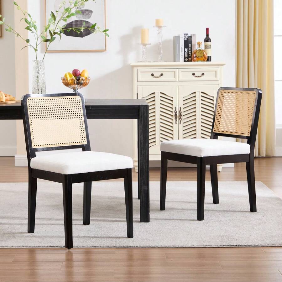 chairus 2er Set Esszimmerstühle Chenille Küchenstühle mit Rattan Rückenlehne Retro Holz Akzentstühle Polsterstühle für Esszimmer Küche Wohnzimmer,chaise salle à manger - Schwarz - Übersicht 1