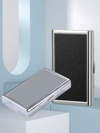 1个加长10厘米金属便携式香烟盒，高端光滑镜面加长型香烟盒，时尚创意双面吸烟配件，皮革香烟盒，高品质，适合携带和作为礼物赠送，香烟收纳，香烟支架盒