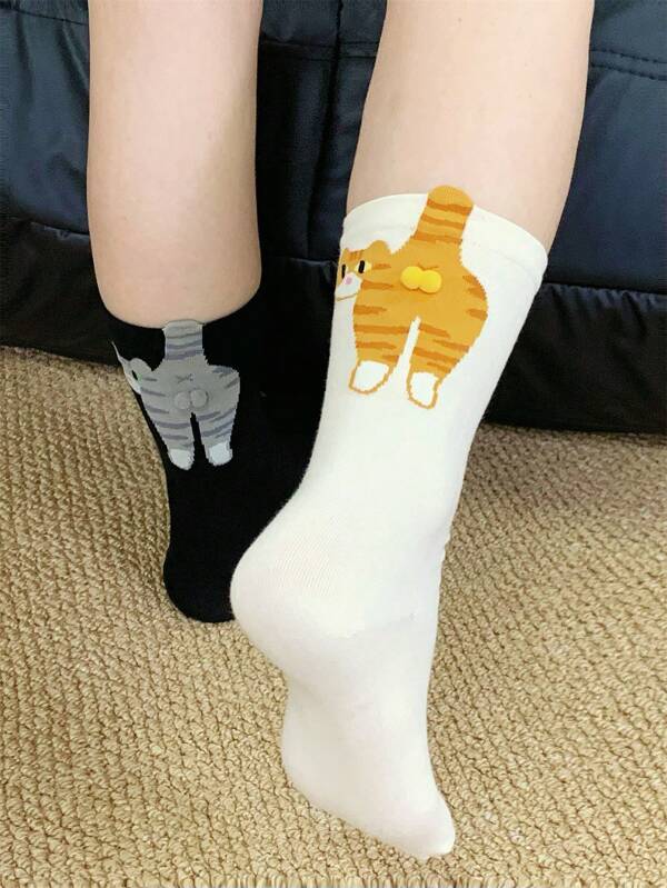 1/2 pares de calcetines casuales de tripulación con decoración de gato y pompón, cómodos para primavera/verano