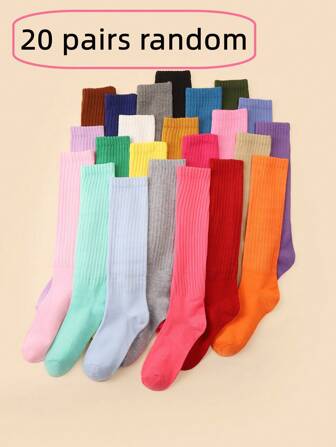 20 Pairs Mixed Color Solid Casual Polyester Ribbed Mid-Calf Socks For Women, Autumn/Winter, Moisture-Wicking Comfortable Versatile Sports Socks Unisex