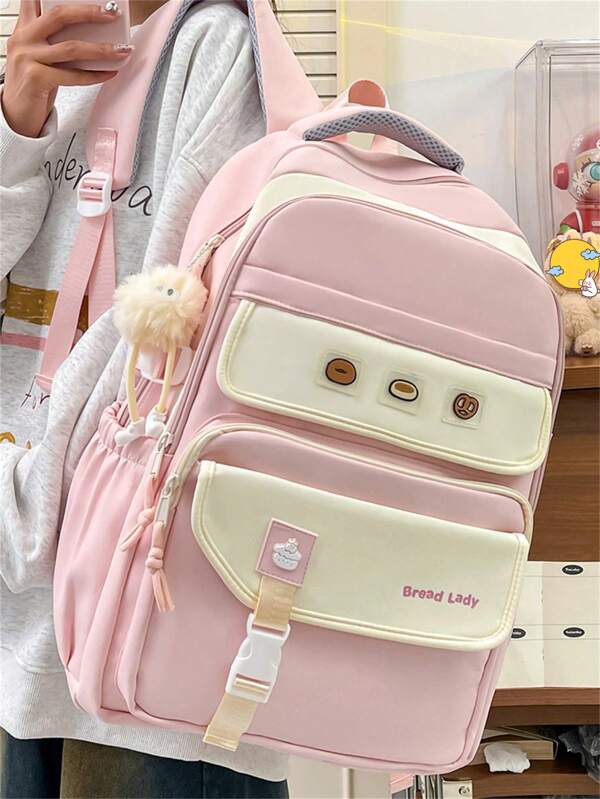 Mochila de grande capacidade, fashion e fofa, estilo universitário unissex, adequada para viagens, férias, prática e durável, mochila feminina, cores de dopamina, cores vibrantes, multibolsos, estampa de desenho animado, adequada para passeios, compras, volta às aulas, temporada escolar (excluindo acessórios)