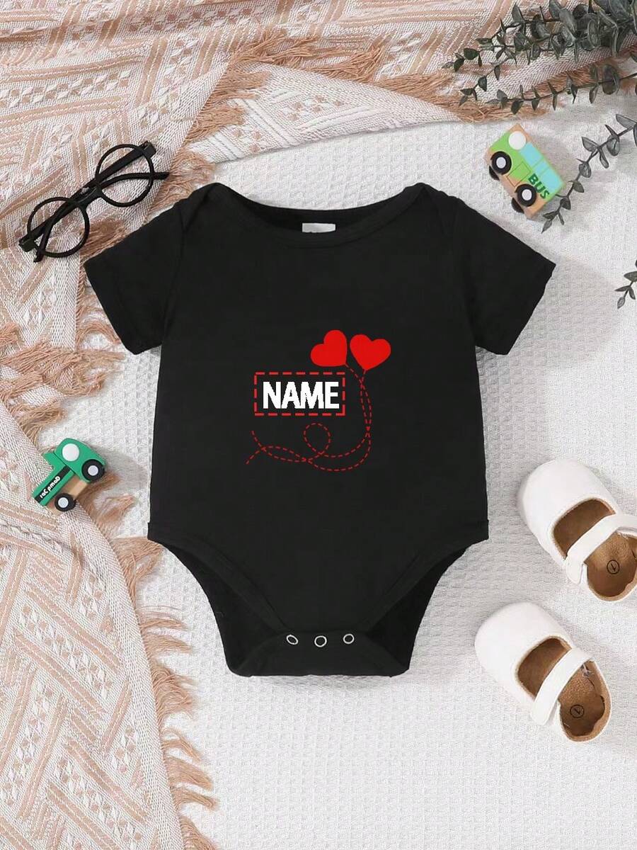 Romper Lengan Pendek Kustom dengan Nama Pribadi untuk Bayi Laki-laki dan Perempuan, Jumpsuit Kasual Leher Bulat untuk Bayi, Dapat Dicuci dengan Mesin - Hitam - View 1