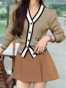 撞色前袋落肩短款开衫 - 卡其色 - 查看 6