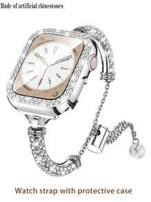 2-In-1 Rose Gold Protective Case + Cylindrical Rhinestone Metal Strap Set For Apple Watch - Bracelet Design Replacement Strap [38/40/41/42/44/45/46/49mm] | Women's Sparkling Crystal Soft Strap For Ultra/SE/10/9/8/7/6/5/4/3/2/1 Series