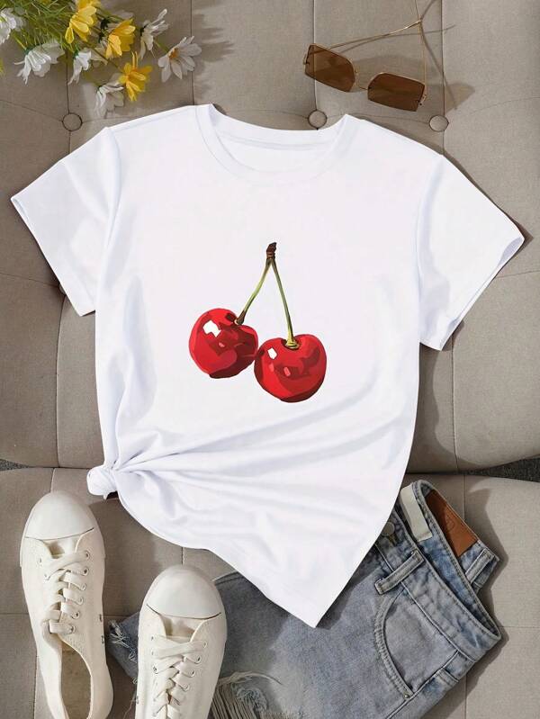 Camiseta de mujer, estampado divertido, dos patrones de cerezas rojas, paquete casual cómodo, regalo para mujer, top de cuello redondo de manga corta, para verano y todas las estaciones, algodón 180g