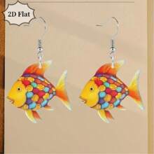 Par de pendientes de 2D planos con decoración de pez azul y flor de colores para mujeres, pendientes creativos de peces de colores acrílicos