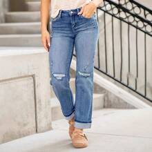 Women's Mid Rise Distressed Roll Cuff Jeans, Crafted From Premium Stretch Denim Fabric, Boasting Multiple Ripped Details, Classic Five - Pocket Design, And A Comfortable, Laid - Back Look