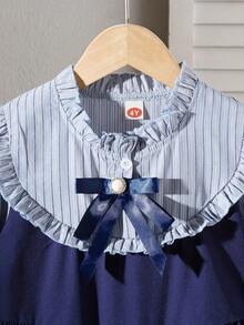 1 件女童时尚条纹蝴蝶结荷叶边长袖连衣裙