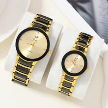 2 piezas Relojes de pareja de acero negro con estilo de negocios clásico de moda - Negro - Ver 2