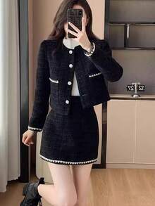 YooLy Autumn-Coloured Contrasting Elegant Front Breast-Trimmed Pan-Brimmed Pocket Tops And Skirts Set Of Two