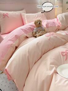 3件套床上用品（不含填充物）- 可爱郁金香、樱桃、花卉、兔子刺绣缎面羽绒被套，蓝色 - 粉色 - 查看 6