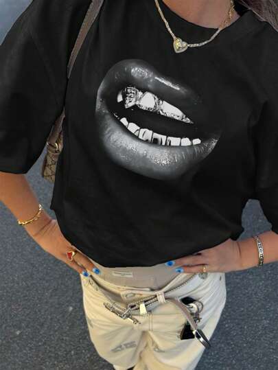 1pc Girls' Casual Letter Print Round Neck Short Sleeve T-Shirt, Summer Student Young Casual Wear - Minimalist English Letter Style T-Shirt Inspiring Imagination And Self-Expression