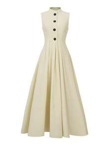 Vestido de Outono, Vestido para Volta às Aulas, Vestido Feminino Estilo Urbano, Vestido Feminino Retrô, Vestido Preto com Botões Decorados, Vestido Maxi Elegante Sem Mangas, Vestido Estilo Universitário, Vestido Maxi Minimalista e Elegante Preto com Gola de Botões e Sem Mangas - Caqui - Ver 1