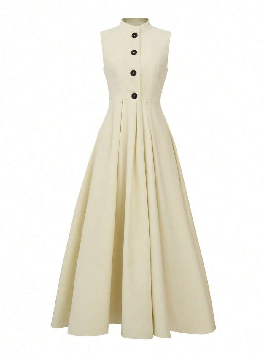 Vestido de Outono, Vestido para Volta às Aulas, Vestido Feminino Estilo Urbano, Vestido Feminino Retrô, Vestido Preto com Botões Decorados, Vestido Maxi Elegante Sem Mangas, Vestido Estilo Universitário, Vestido Maxi Minimalista e Elegante Preto com Gola de Botões e Sem Mangas - Caqui - Ver 1