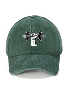 1 件时尚举重做旧印花可调节水洗帽檐男女休闲日常、通勤、上学、骑行、街头时尚老爹帽 - 啞鈴 - 查看 4