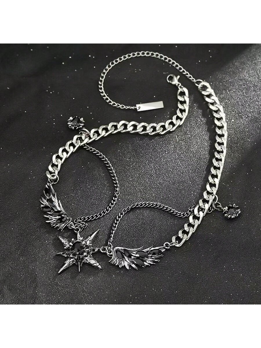 1 pezzo Collana con ciondolo Y2K in acciaio inossidabile a più strati, con ali di piume nere e stella, stile punk hip-hop gotico grunge, accessorio goth alternativo unico per collarino, ideale per feste a tematica musicale, da ballo o da vampiri