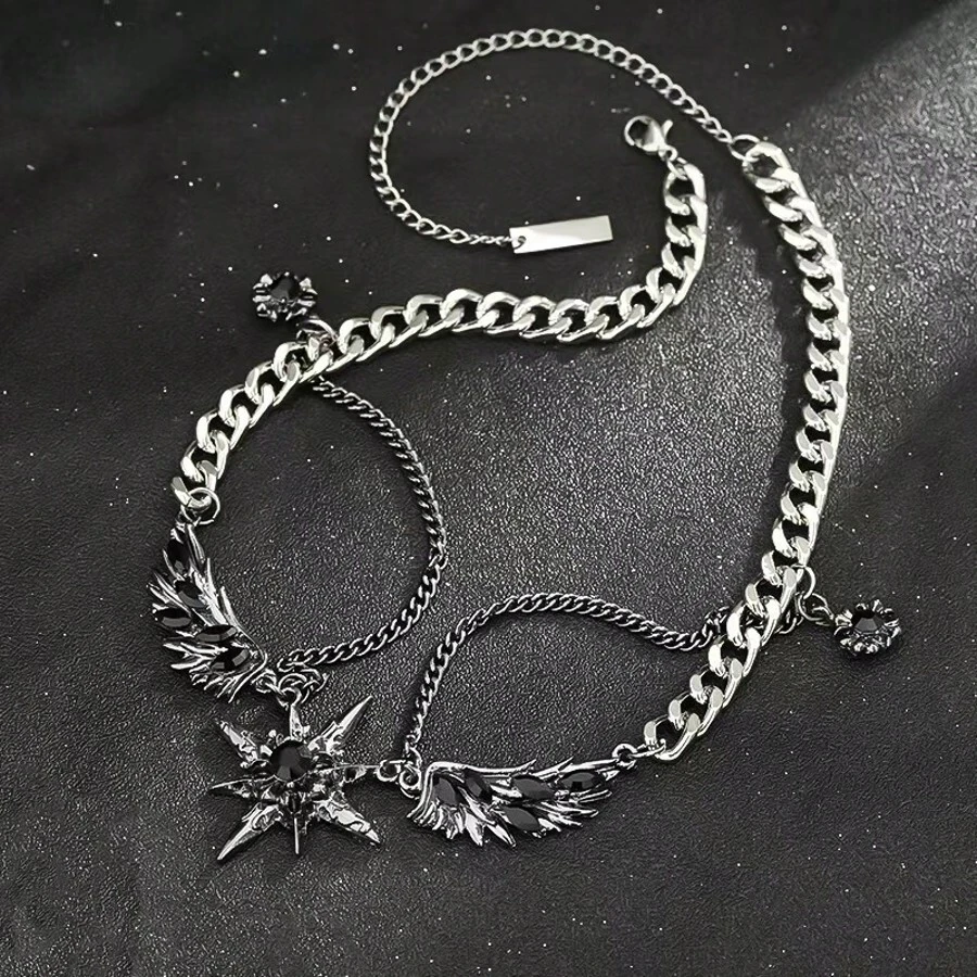 1件Y2K黑色羽毛翅膀和星星吊坠项链，朋克嘻哈哥特颓废酷女孩颈链，多层不锈钢链，哥特另类独特项圈项链，前卫暗黑时尚配饰，适合音乐节或吸血鬼主题派对 - 銀色 - 查看 1