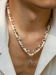 2pcs/Set Men's Summer Coconut Wooden Bead Niche Versatile Hip-Hop Personalized Double Pendant Necklace