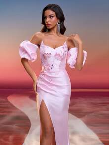 Women's Floral Embellished Off-Shoulder Dress - Pink - View 8