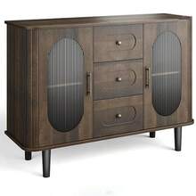 47" Sideboard Buffet Cabinet With Fluted Glass Doors & 3 Drawers Large Coffee Bar Cabinet Microwave Stand With Storage Modern Mid-Century Credenza Storage With Adjustable Shelves Modern Credenza Storage Cabinet For Kitchen, Dining Room, Living Room, Walnut - màu nâu - Xem 1