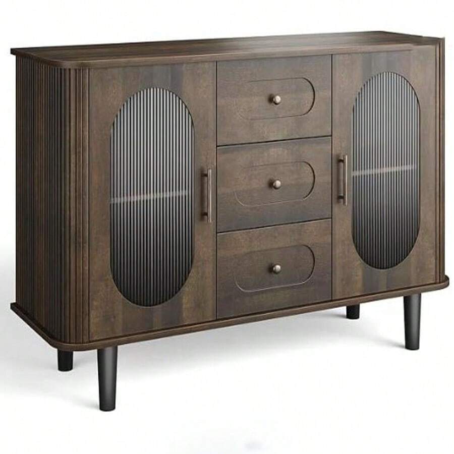47" Sideboard Buffet Cabinet With Fluted Glass Doors & 3 Drawers Large Coffee Bar Cabinet Microwave Stand With Storage Modern Mid-Century Credenza Storage With Adjustable Shelves Modern Credenza Storage Cabinet For Kitchen, Dining Room, Living Room, Walnut - màu nâu - Xem 1