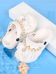 Girls' Fashion Solid Color EVA Sandals, Breathable Slip-On Sandals With Flower Chain And Pearl Design, Casual Indoor/Outdoor Beach Shoes, Suitable For All Seasons