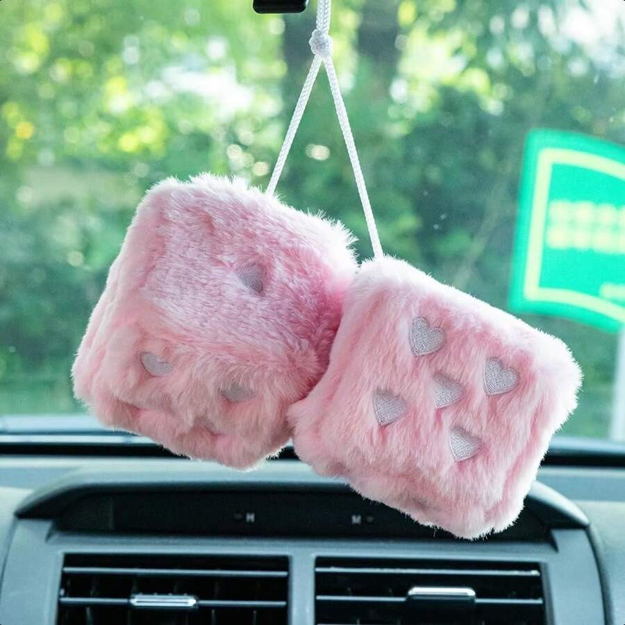 Heart Embroidered Baby Pink Fuzzy Plush Dice - 3-Inch Decorative Car Mirror Hanging Ornaments, Soft Foam, Easy Install, Great Gift Idea - D - 查看 1
